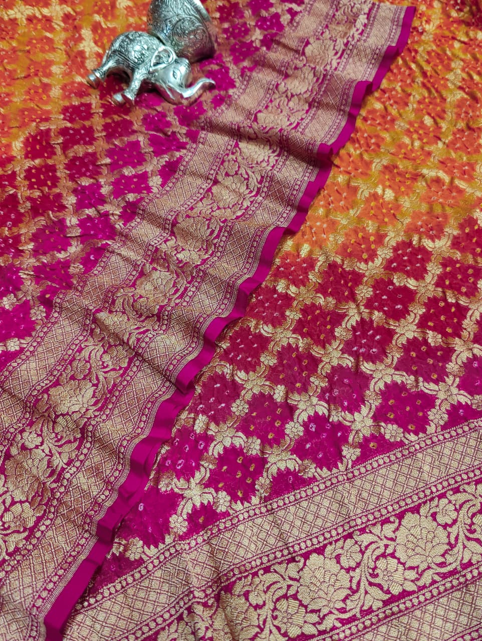 KcPc New Launch Pure Khaddi Georgette Upada Neemzari Bandhej SareeOrange Pink