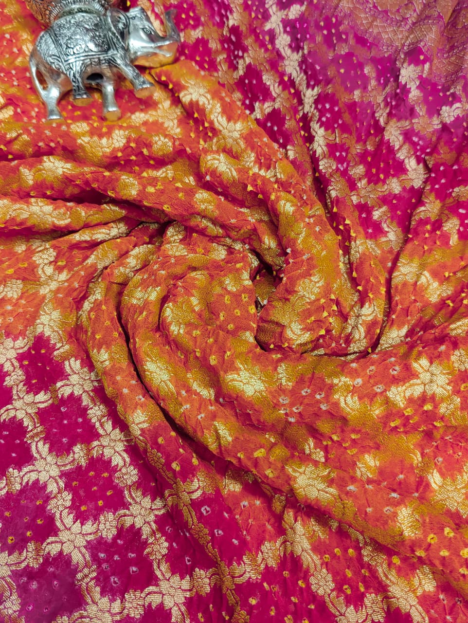 KcPc New Launch Pure Khaddi Georgette Upada Neemzari Bandhej SareeOrange Pink