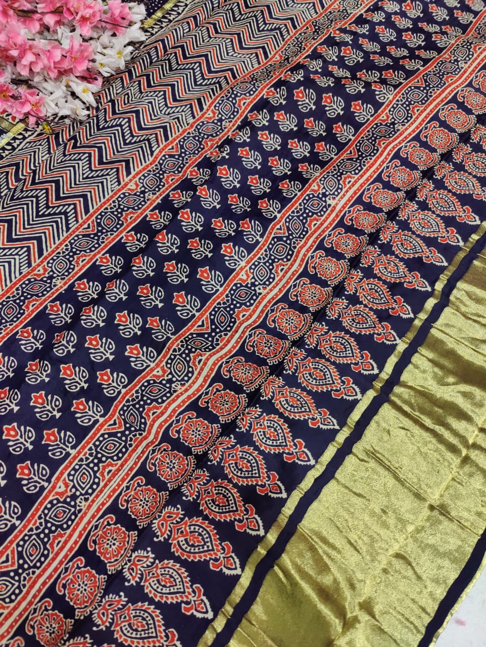 KcPc Pure Gaji Modal Silk Ajrakh Print Ghatchola crafted by kutch bhuj karigars sareeRBW