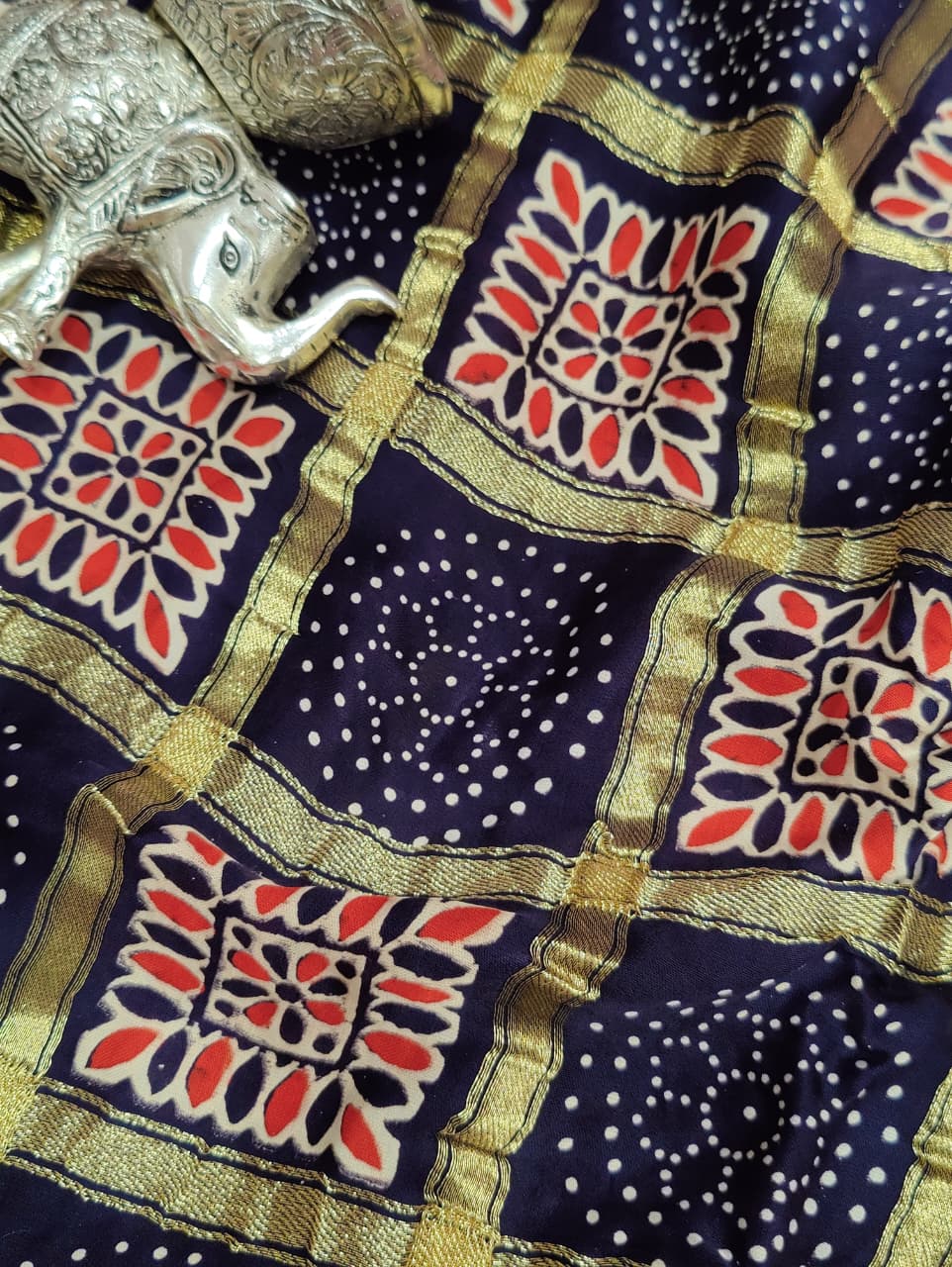 KcPc Pure Gaji Modal Silk Ajrakh Print Ghatchola crafted by kutch bhuj karigars sareeRBW