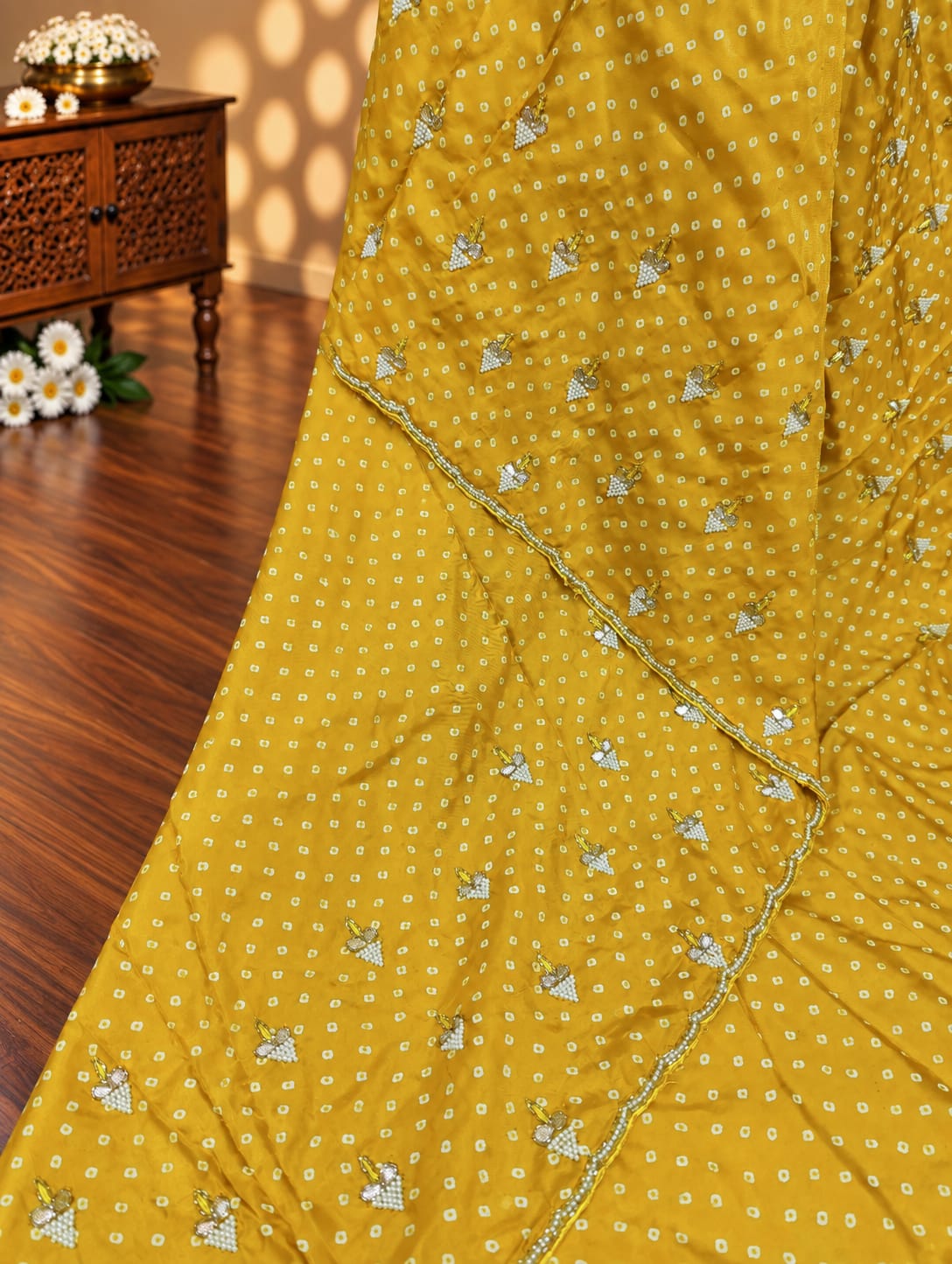 KcPc New BeautifulDola Silk Bandhani With Pearl Gotapatti Work Saree ANT