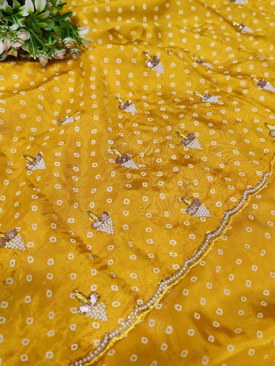 KcPc New BeautifulDola Silk Bandhani With Pearl Gotapatti Work Saree ANT