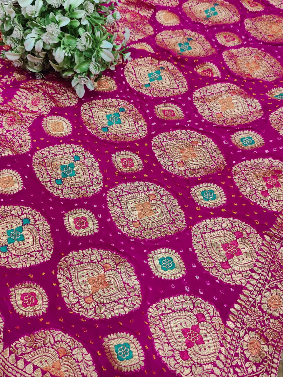 KcPc Originals Pure Meenakari Khaddi Georgette Upada Janglaw Bandhani Neemzari Saree Orange Rani