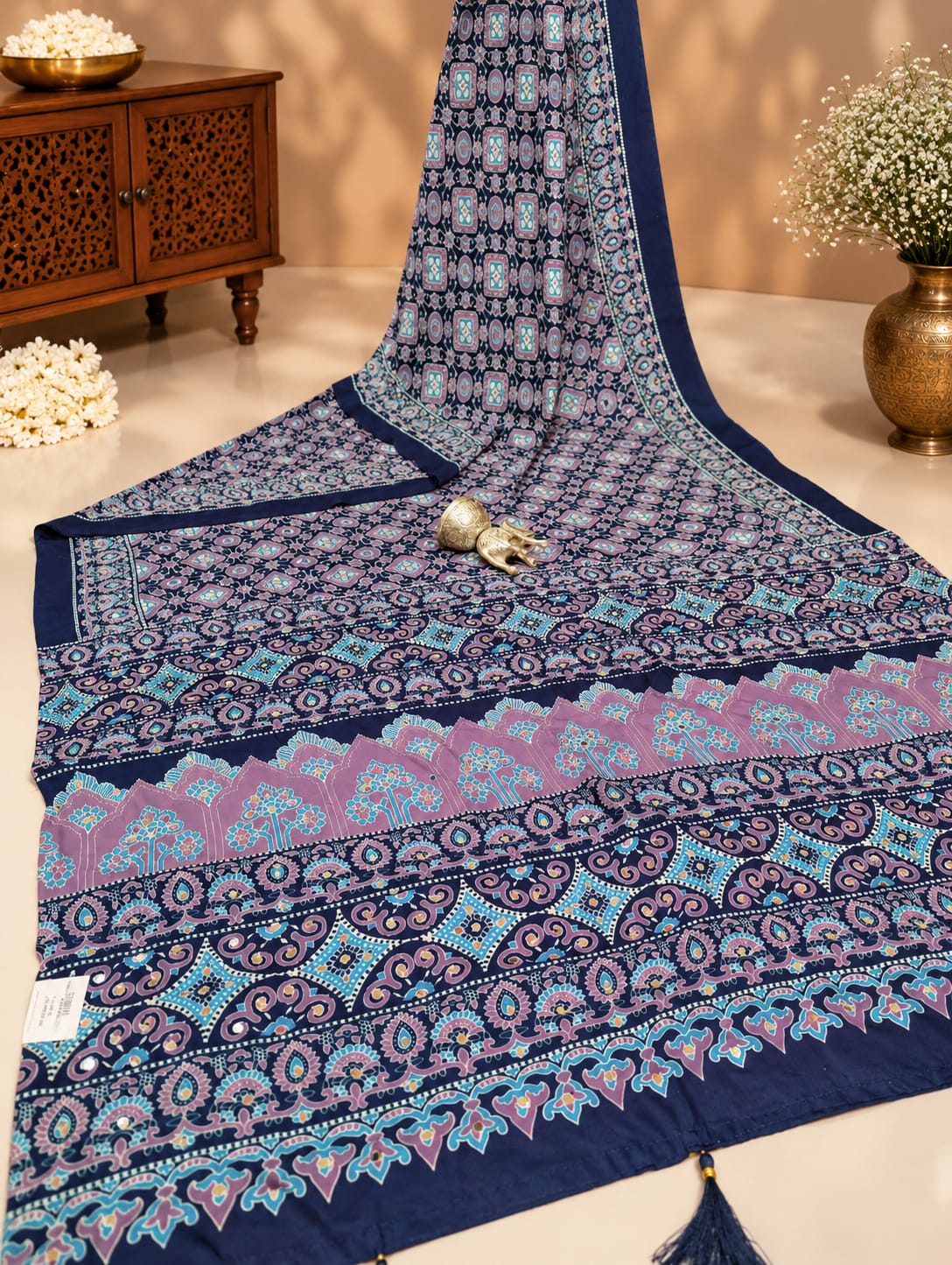 KcPc Premium Silk Ajrakh Saree with Mirror Work STR
