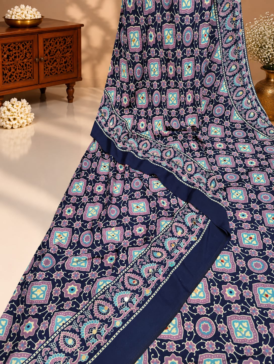KcPc Premium Silk Ajrakh Saree with Mirror Work STR