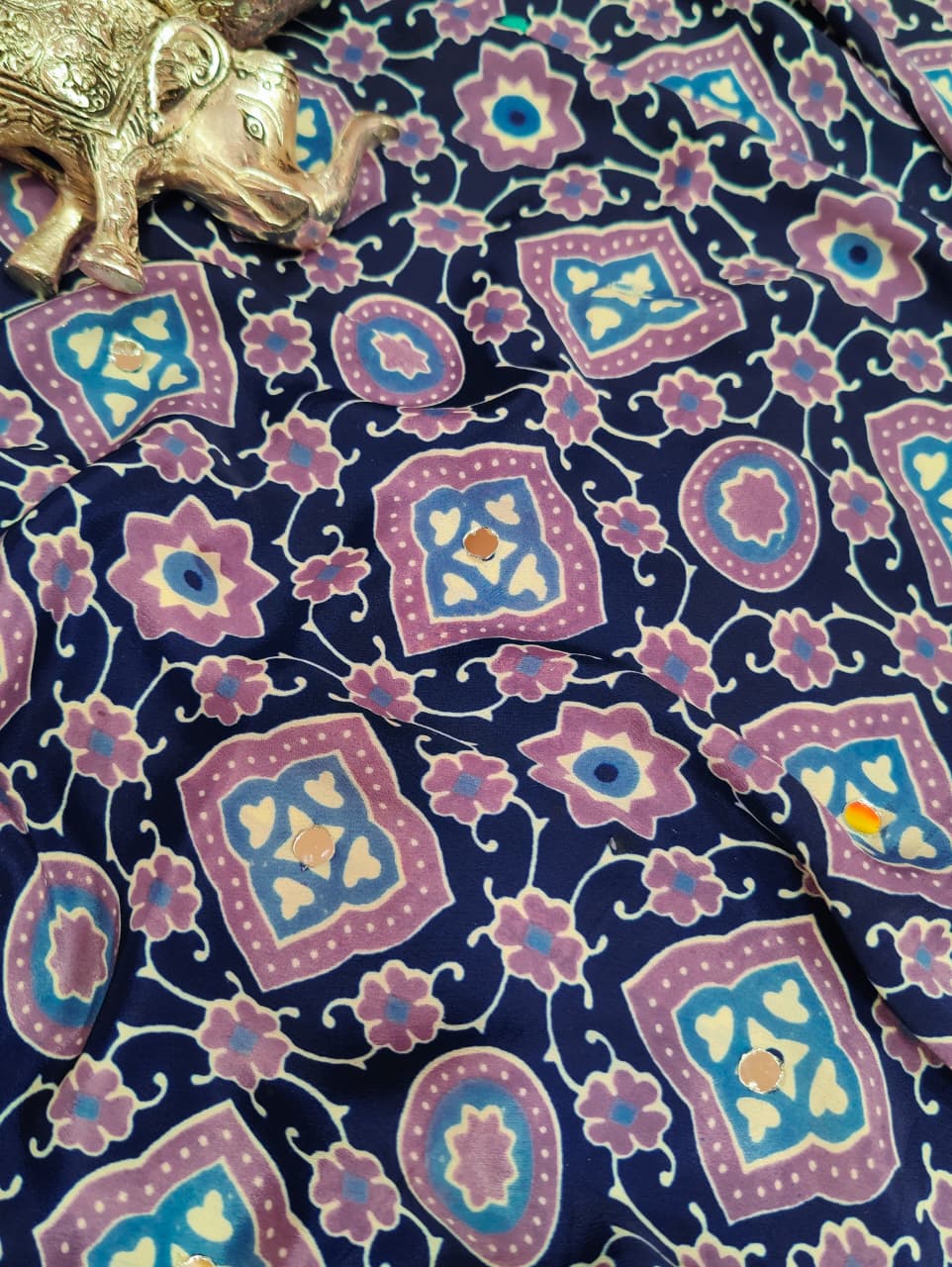 KcPc Premium Silk Ajrakh Saree with Mirror Work STR