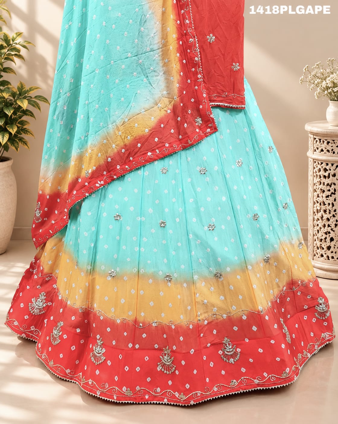 KcPc New Multi Shade Bandhani Cutdana Work LehengaGSM