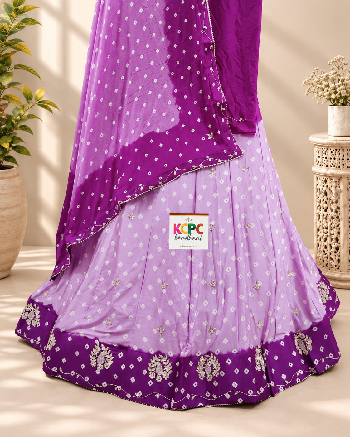 KcPc New Chinon Double Shade Bandhani Cutdana work LehengaRAJ