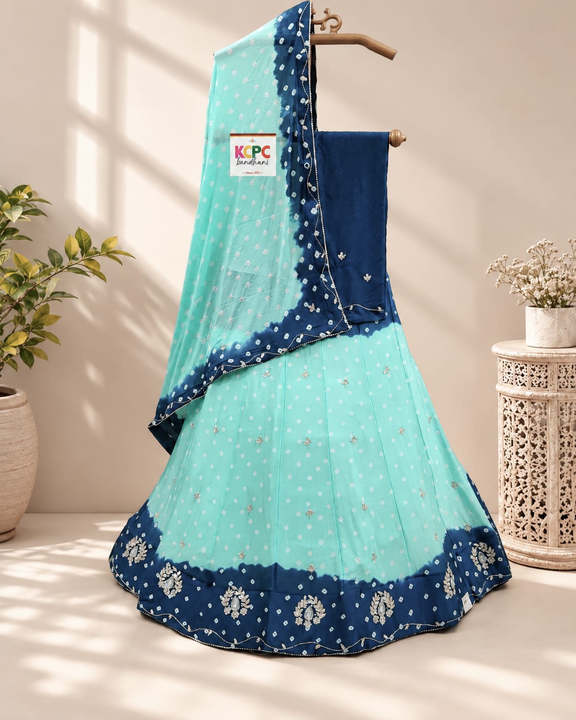 KcPc New Chinon Double Shade Bandhani Cutdana work LehengaRAJ