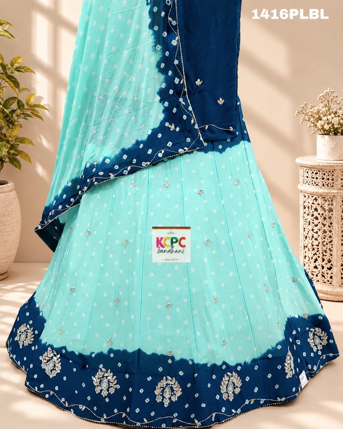 KcPc New Chinon Double Shade Bandhani Cutdana work LehengaRAJ