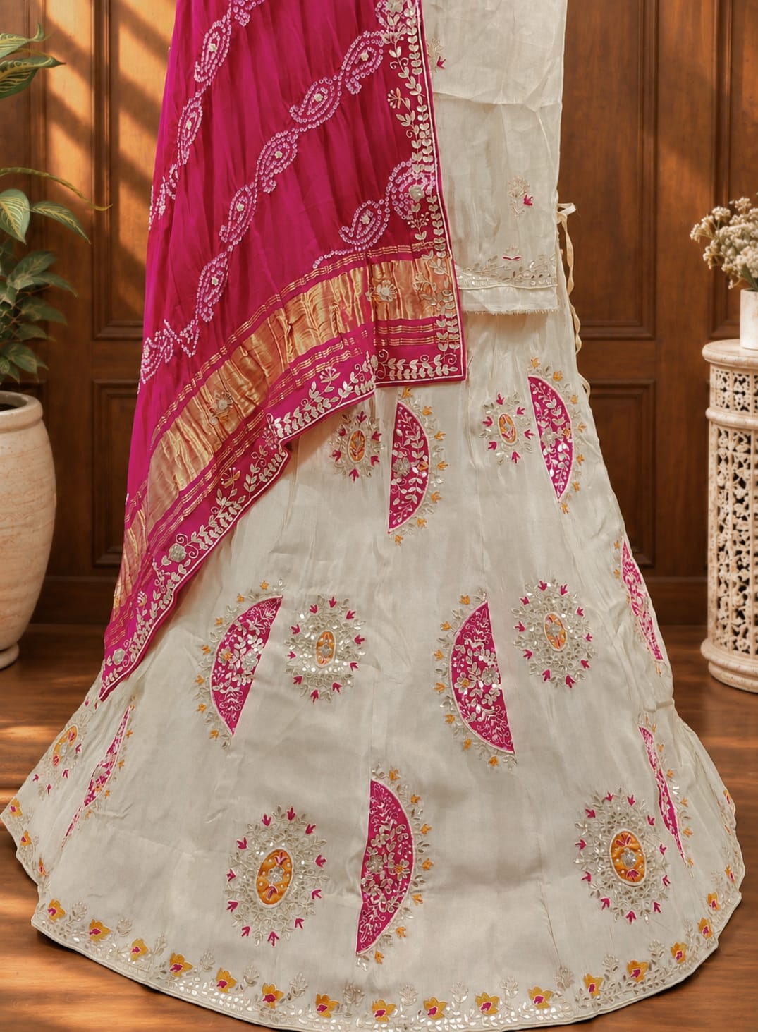 KcPc New Traditional Tissue Silk Bandhani Lehenga Gota Patti Detailing Festive Wear MAD