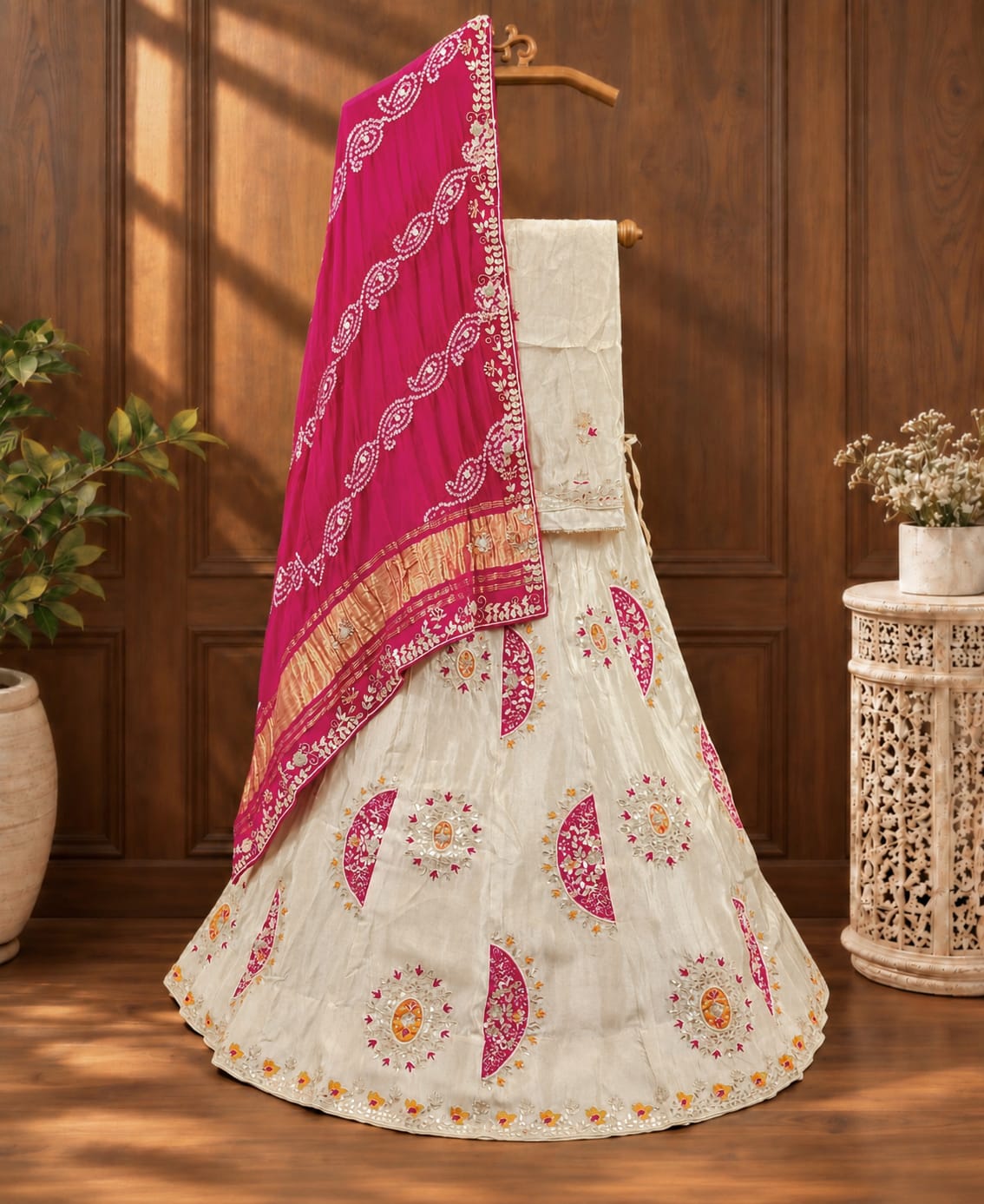 KcPc New Traditional Tissue Silk Bandhani Lehenga Gota Patti Detailing Festive Wear MAD
