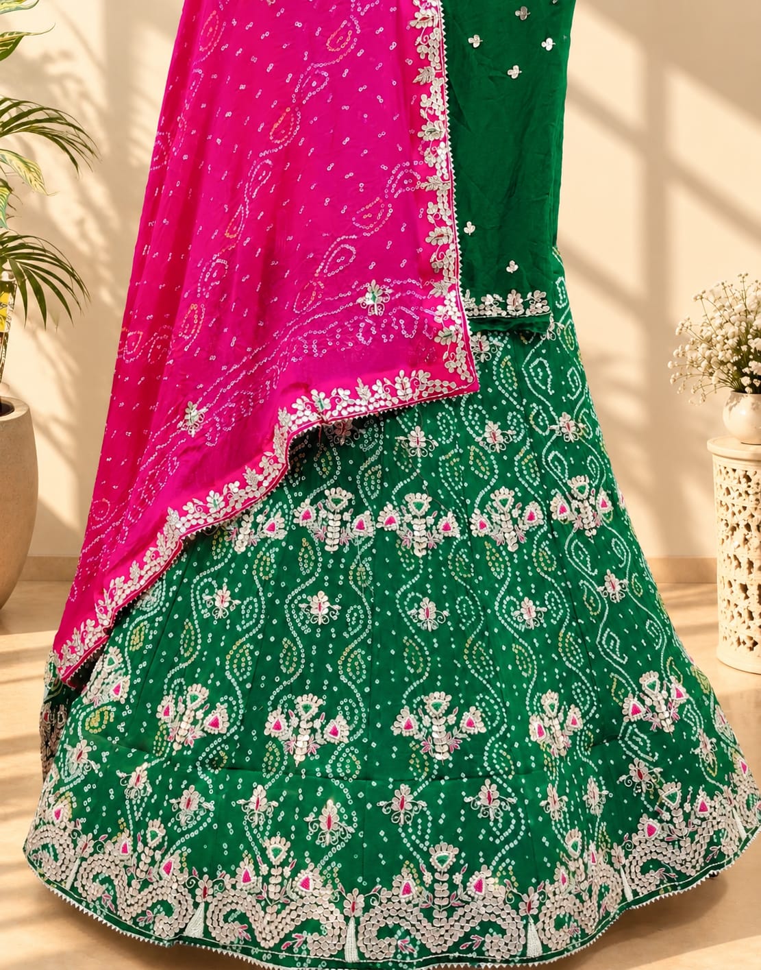 KcPc Latest Pure Rai Bandhej Zardozi Gotapatti Work Lehenga Green RaniBTU