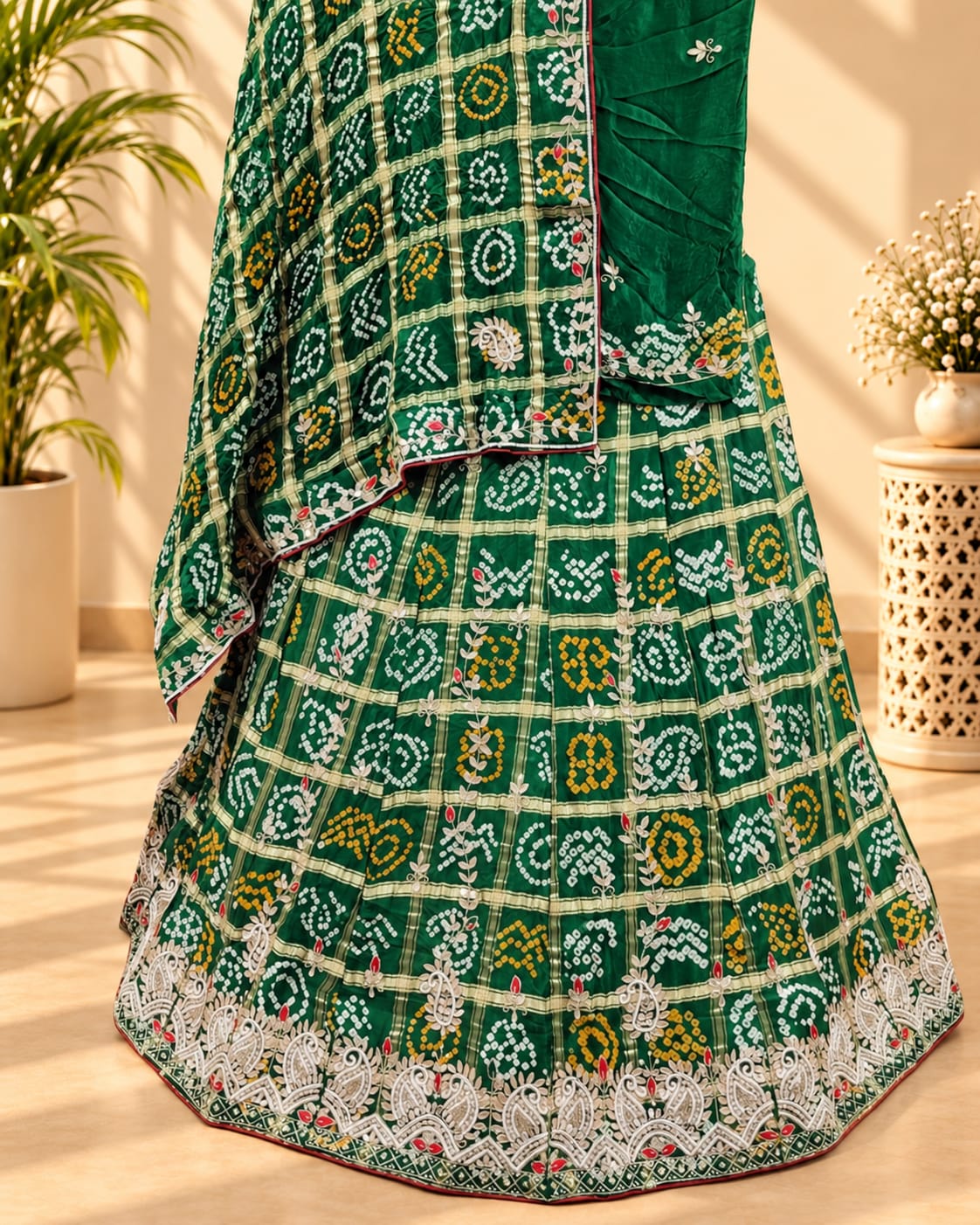 KcPc New Pure Gaji silk Gharchola Bandhej Cutdana Gota patti Work Lehenga BTU
