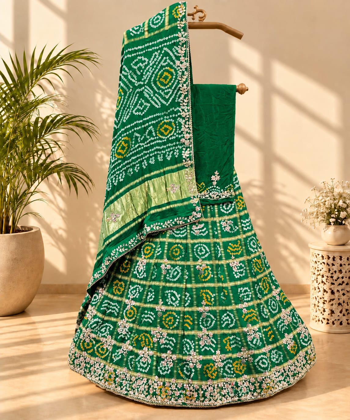 KcPc New Pure Gaji Silk Gharchola Bandhej Mirror Handwork Lehenga Set BTU