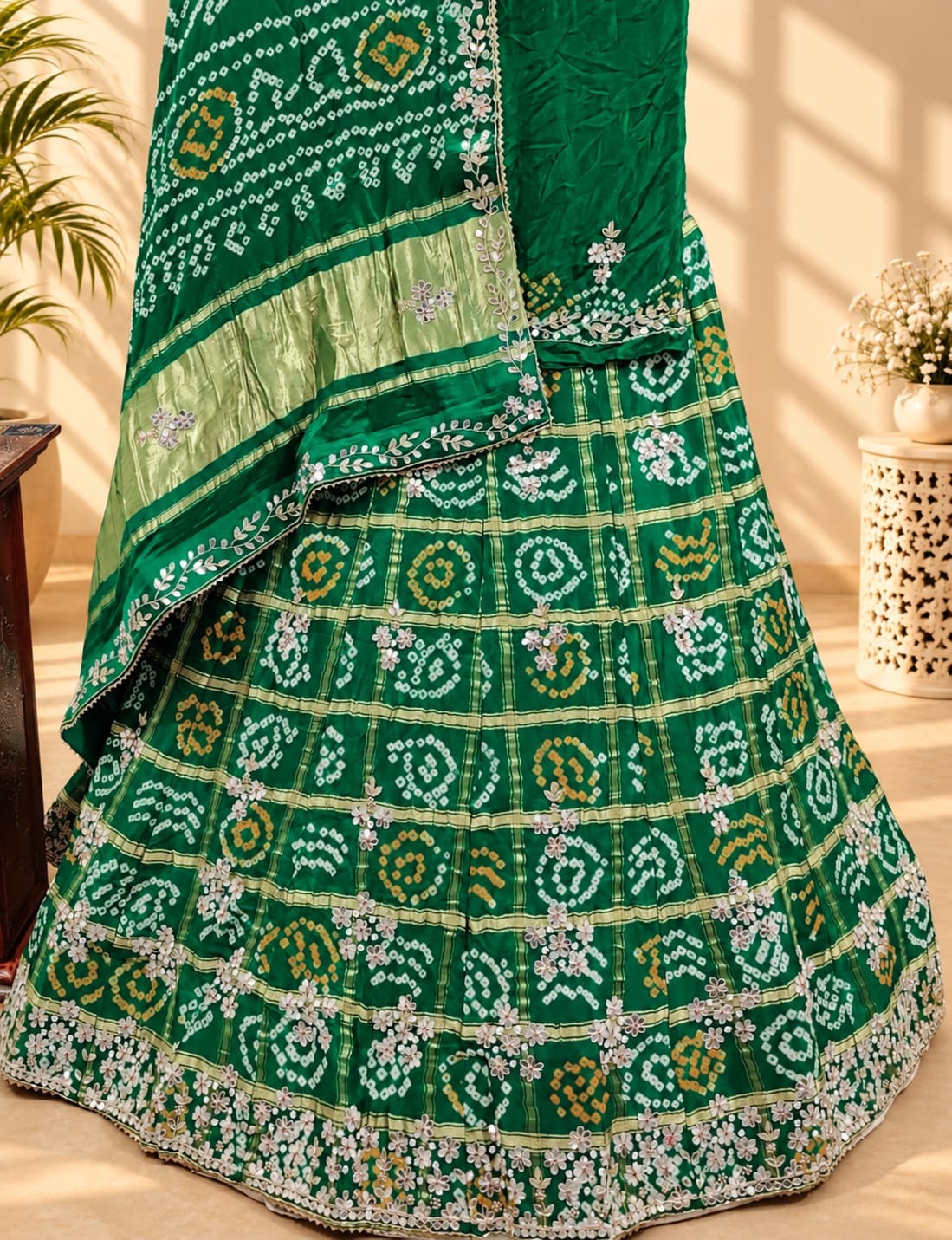 KcPc New Pure Gaji Silk Gharchola Bandhej Mirror Handwork Lehenga Set BTU