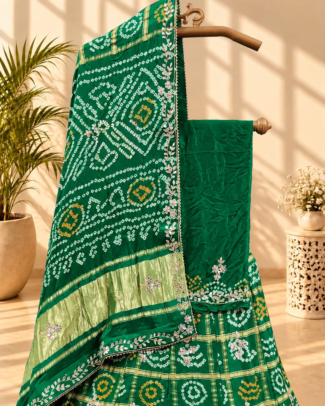 KcPc New Pure Gaji Silk Gharchola Bandhej Mirror Handwork Lehenga Set BTU