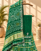 KcPc New Pure Gaji Silk Gharchola Bandhej Mirror Handwork Lehenga Set BTU