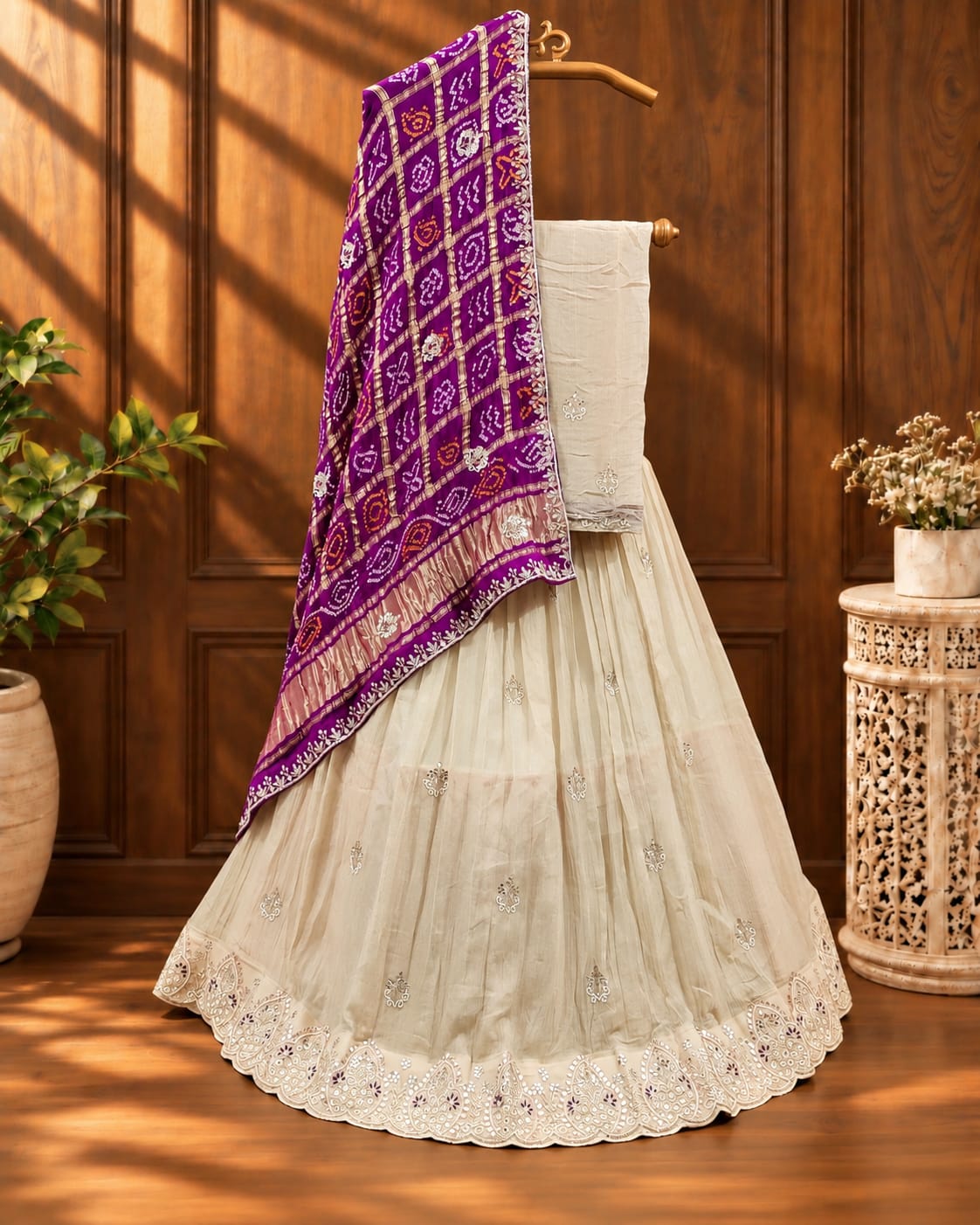 KcPc Beautiful Pure Upada silk Lehenga with Gaji silk Bandhani Dupatta Set MAD