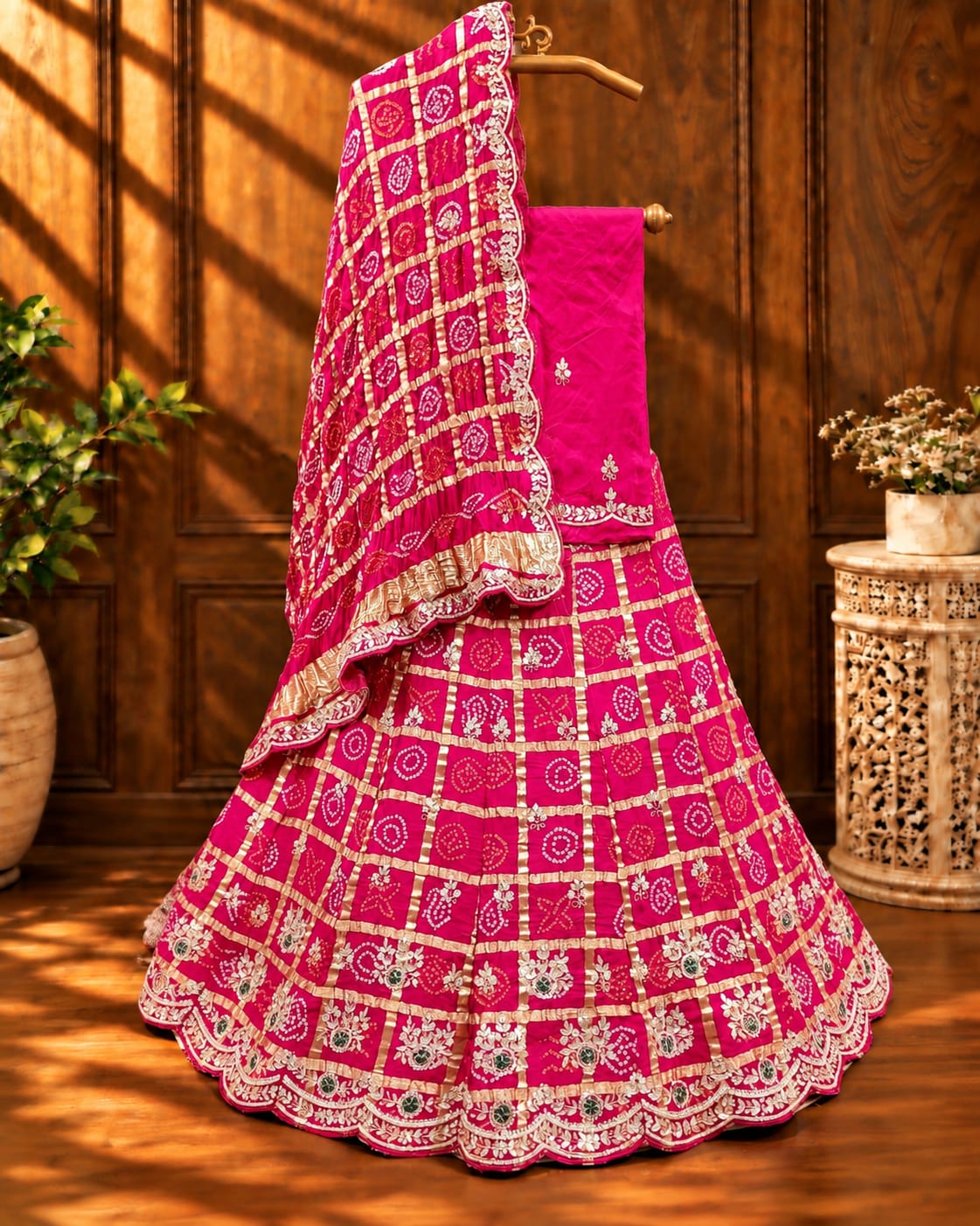 KcPc New Pure Gaji Silk Bandhani Gharchola with katdana Gotapatti Work Lehenga SetMAD