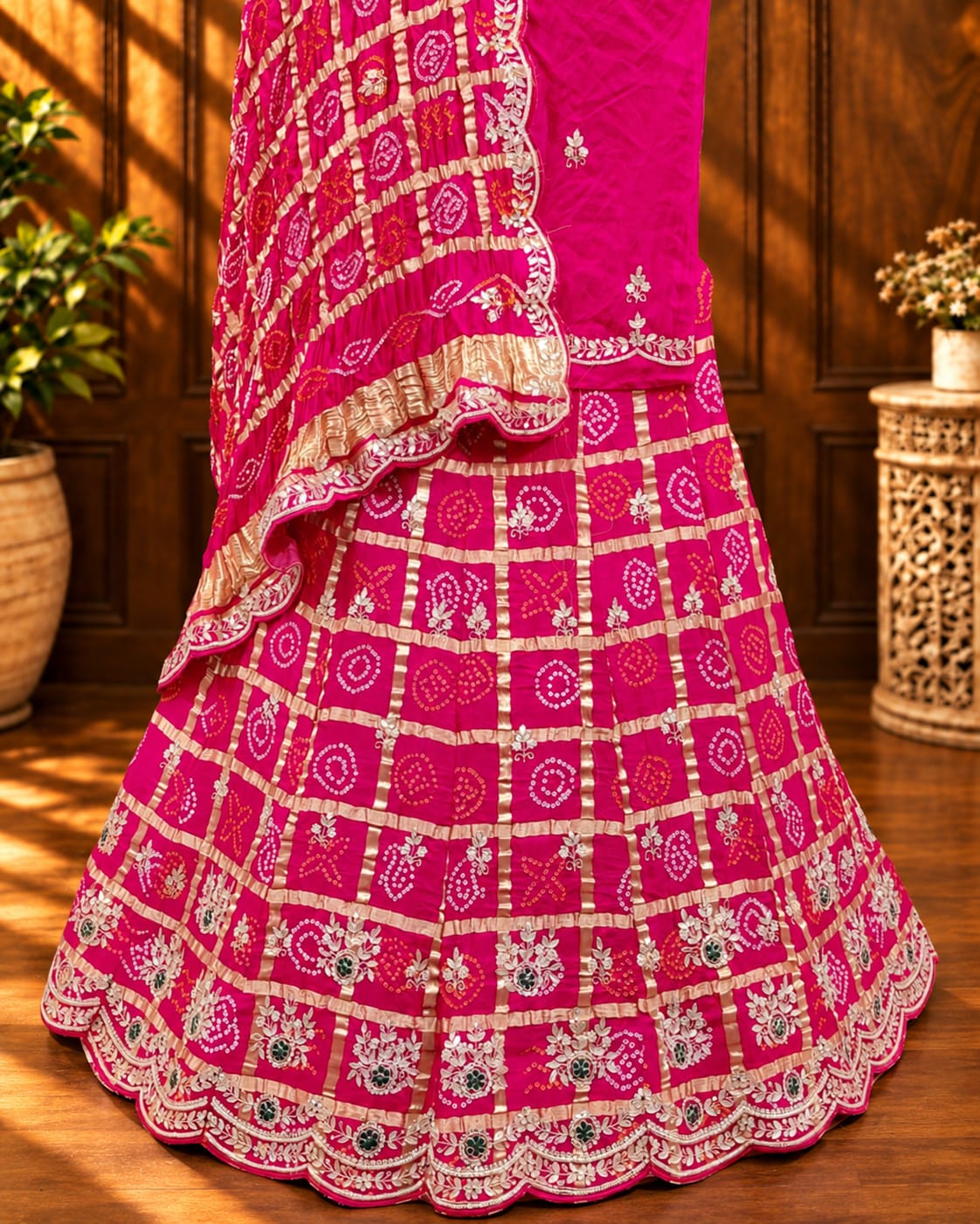 KcPc New Pure Gaji Silk Bandhani Gharchola with katdana Gotapatti Work Lehenga SetMAD