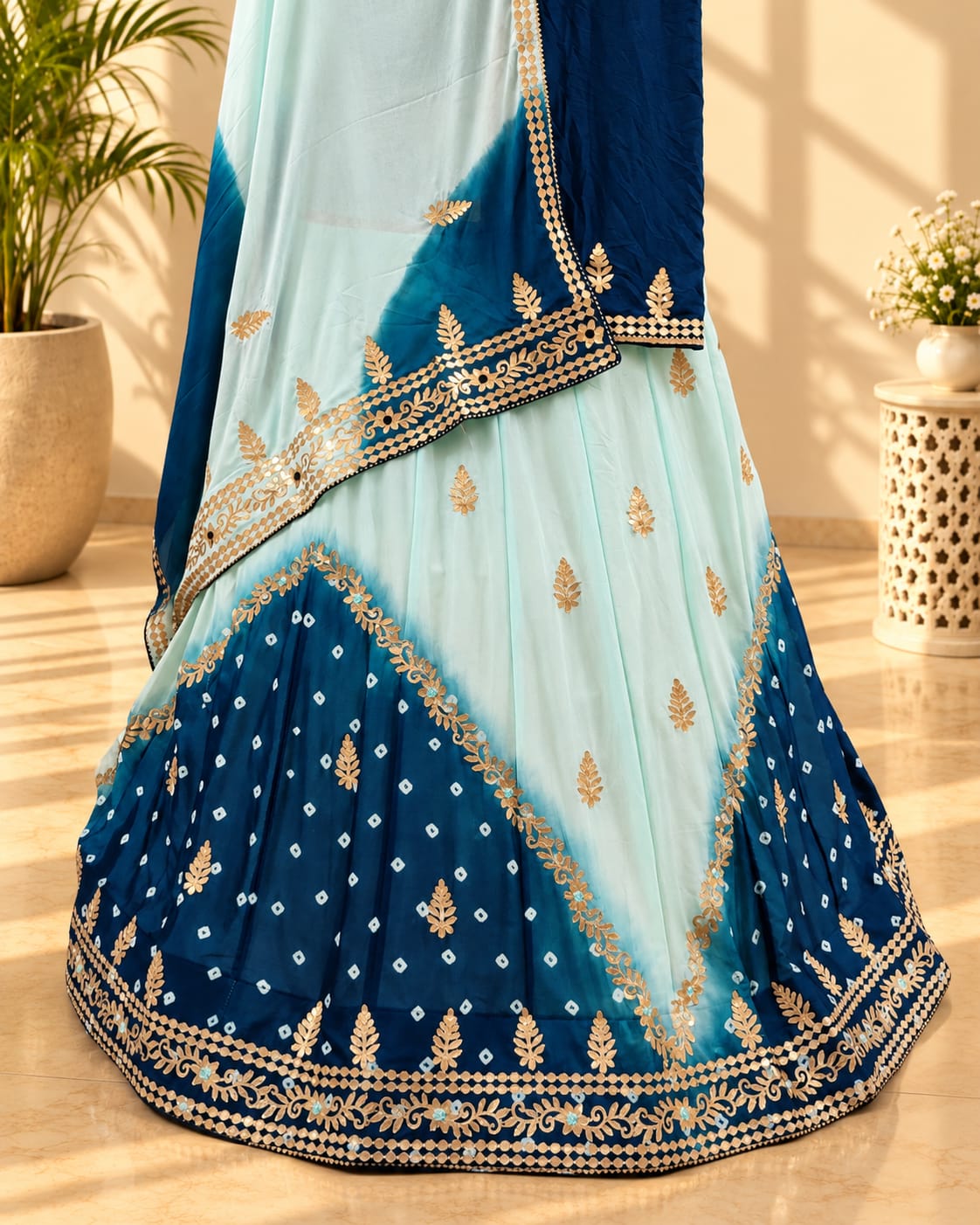 KcPc Latest Pure Chinon Beautiful Jaipuri Bandhej Gotapatti work Lehenga RAJ