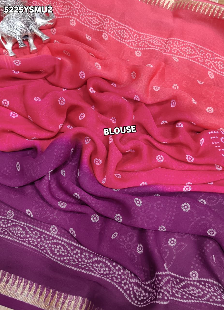 KcPc Georgette Traditional Bandhani Saree with Designer Zari Border and Blouse Piece