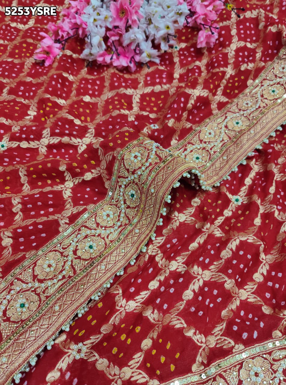 KcPc Khaddi Georgette Bandhani Saree Featuring Traditional Zardosi Work with Blouse