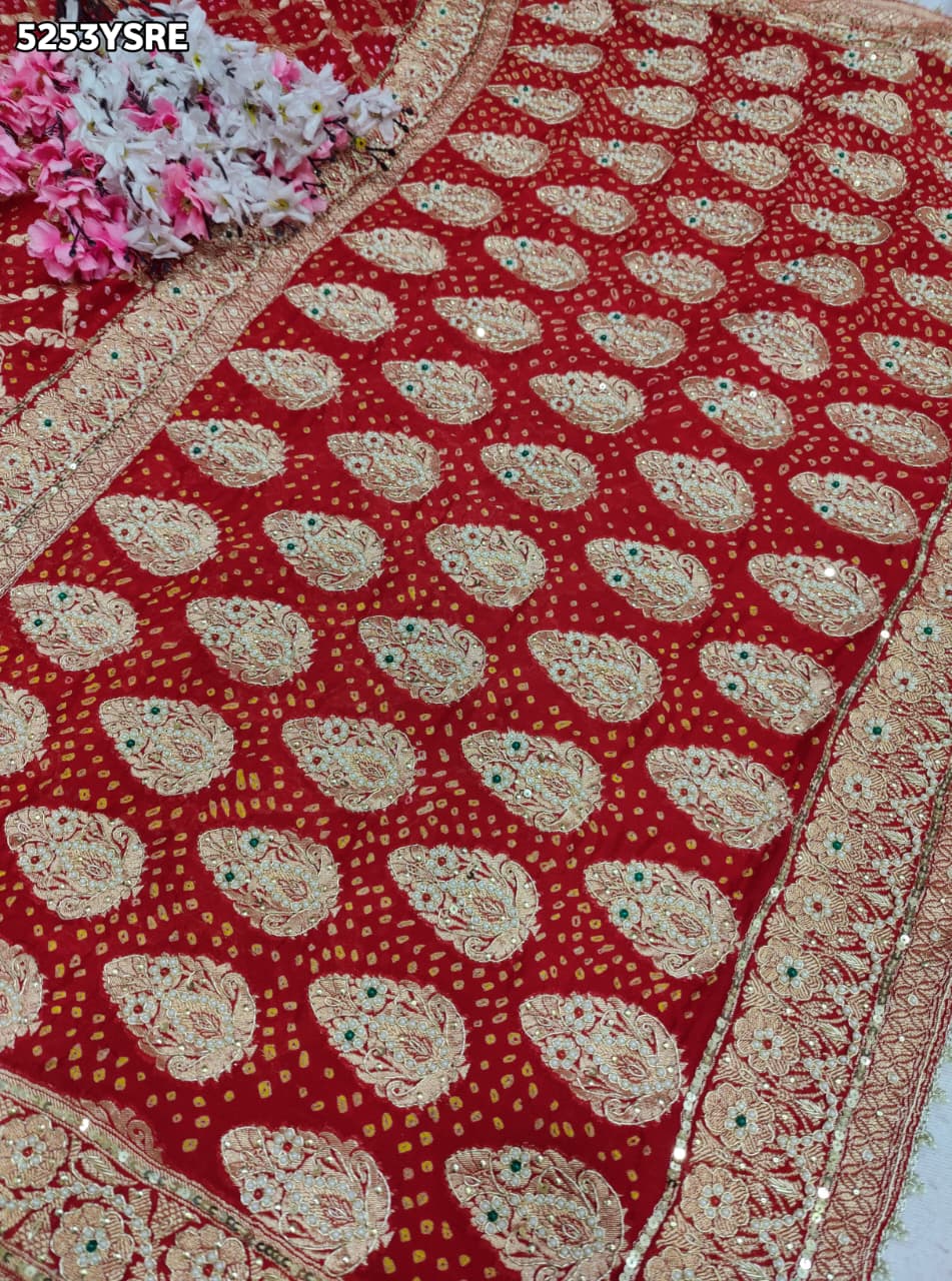 KcPc Khaddi Georgette Bandhani Saree Featuring Traditional Zardosi Work with Blouse