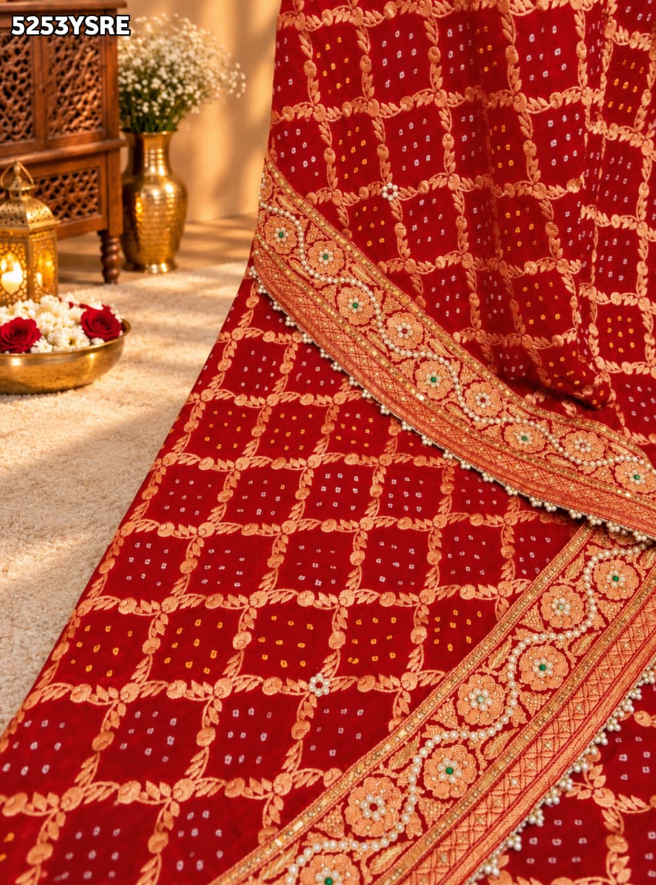 KcPc Khaddi Georgette Bandhani Saree Featuring Traditional Zardosi Work with Blouse