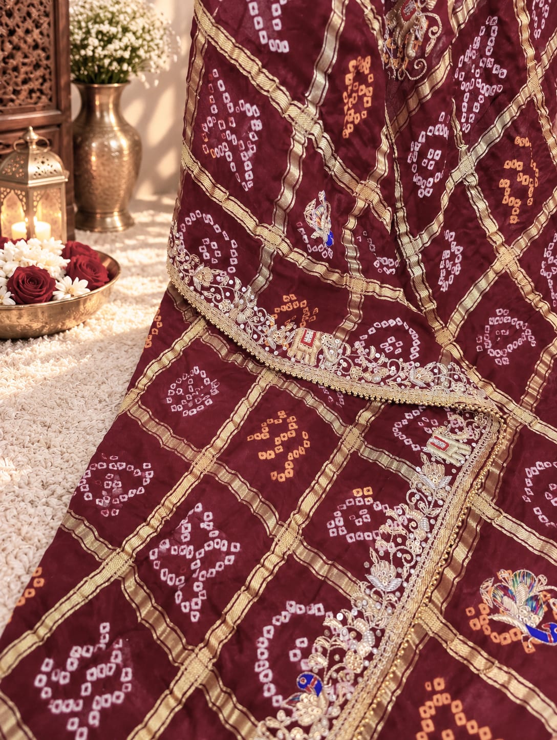 KcPc Designer Pure Gaji Silk Gharchola Bandhani Saree with Zardoji Guleen Work