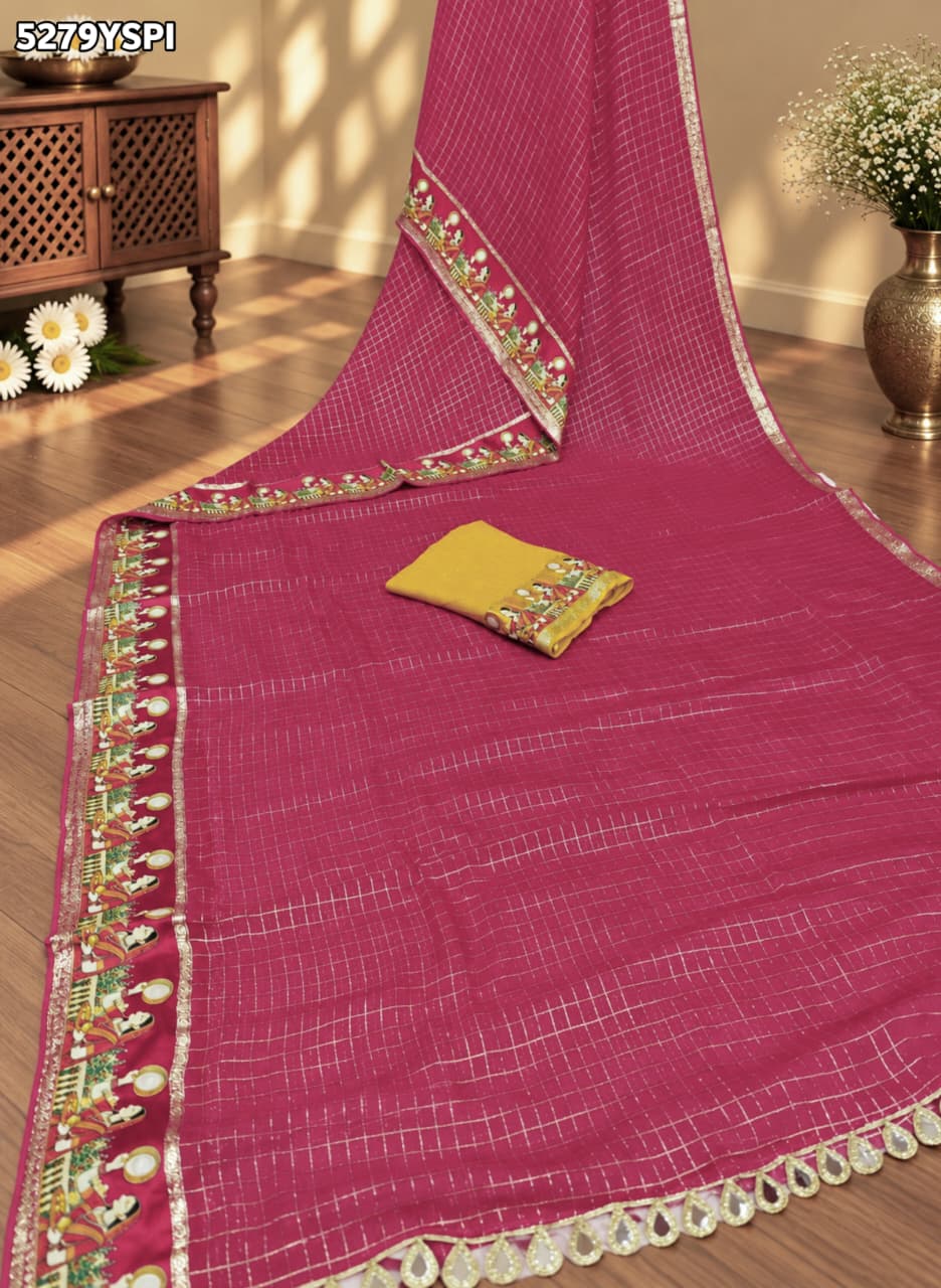 KcPc Georgette Karwa Chauth Style Saree with Traditional Mirror Border and Blouse for Festive WearVJT