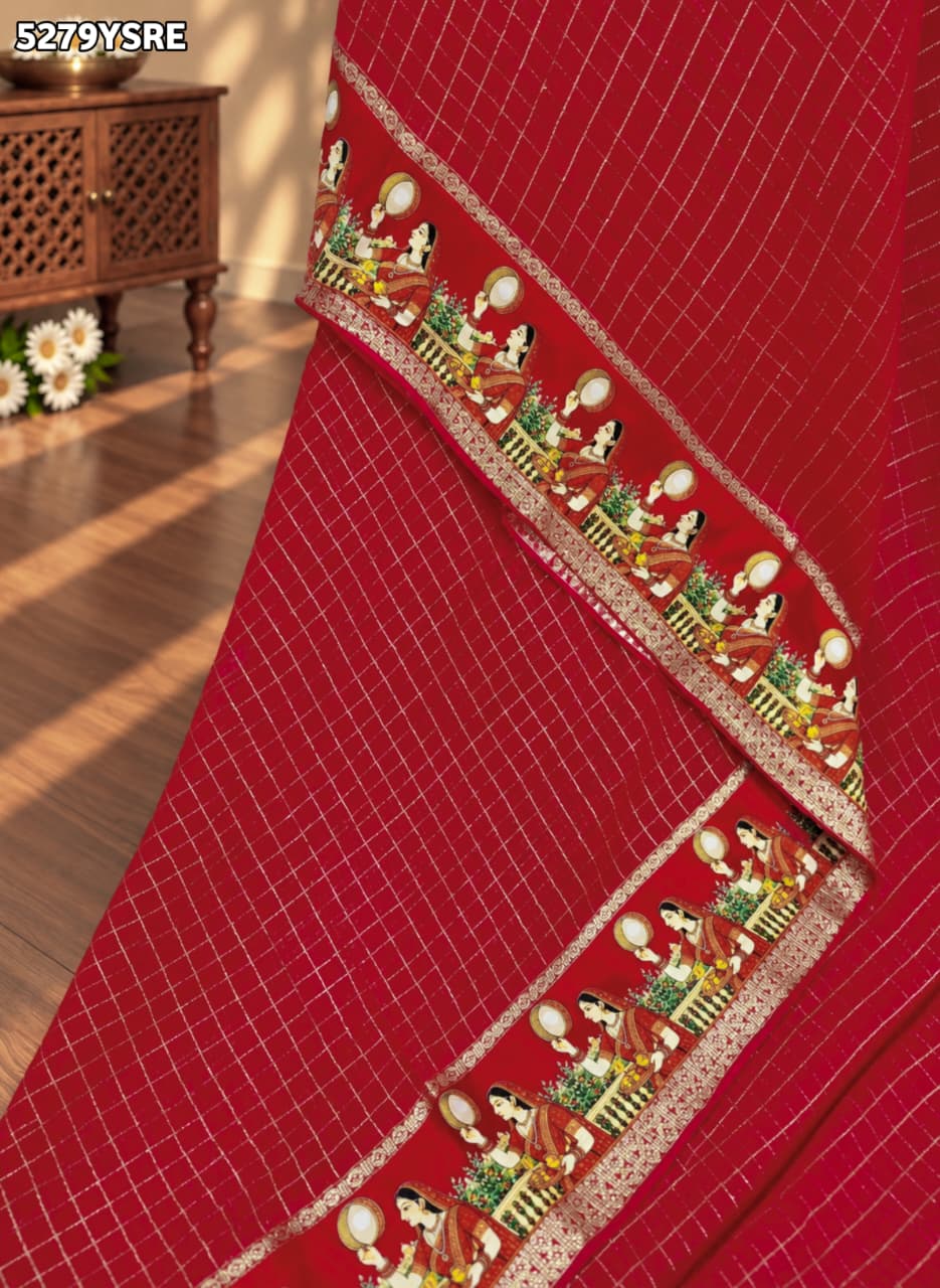 KcPc Georgette Karwa Chauth Style Festive Saree with Mirror Border and Matching BlouseVJT