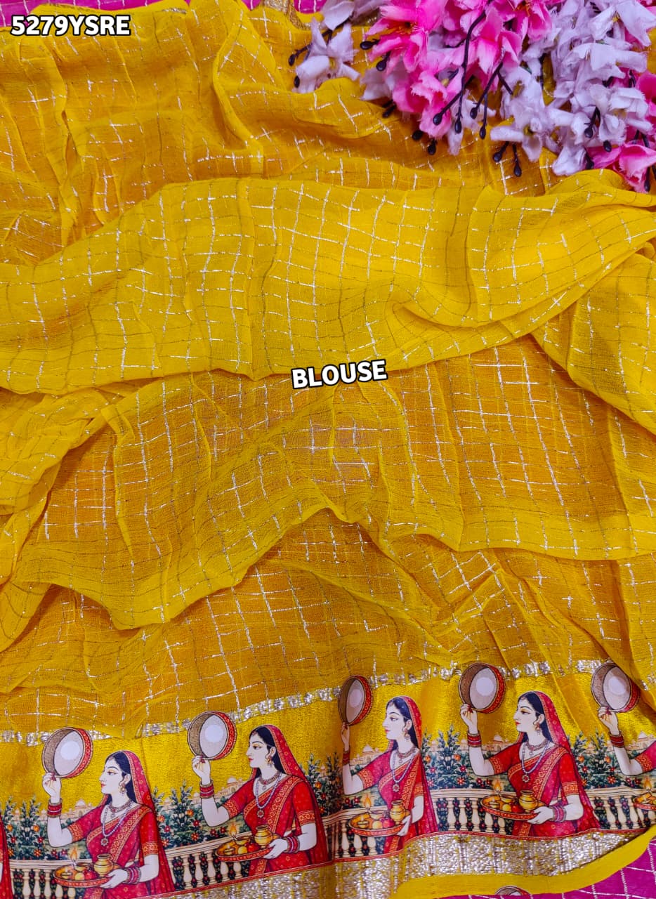 KcPc Georgette Karwa Chauth Style Festive Saree with Mirror Border and Matching BlouseVJT
