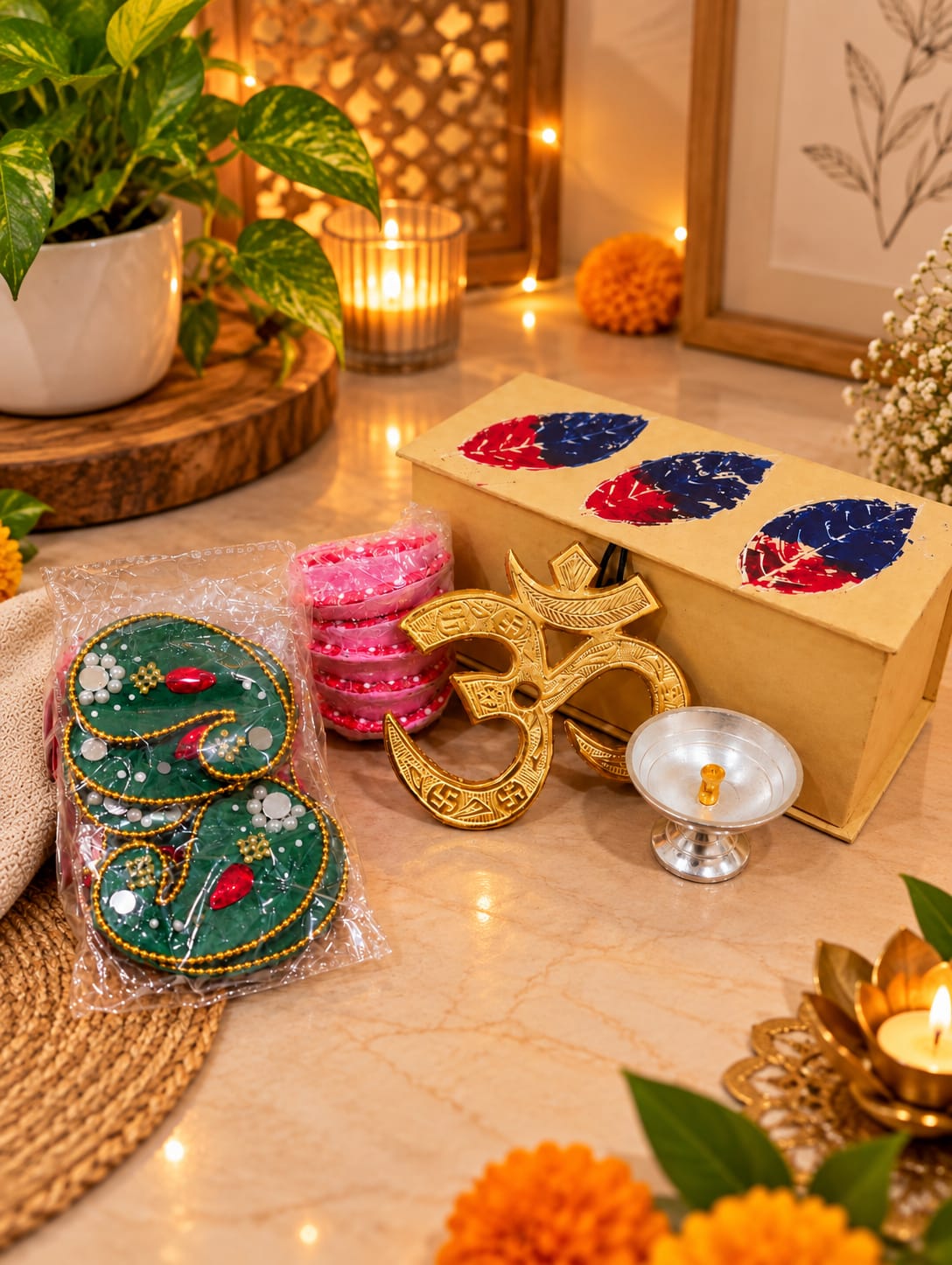 Traditional Handcrafted Diwali Rangoli Set with Kundan Work, Mirror Detailing & Terracotta Diyas