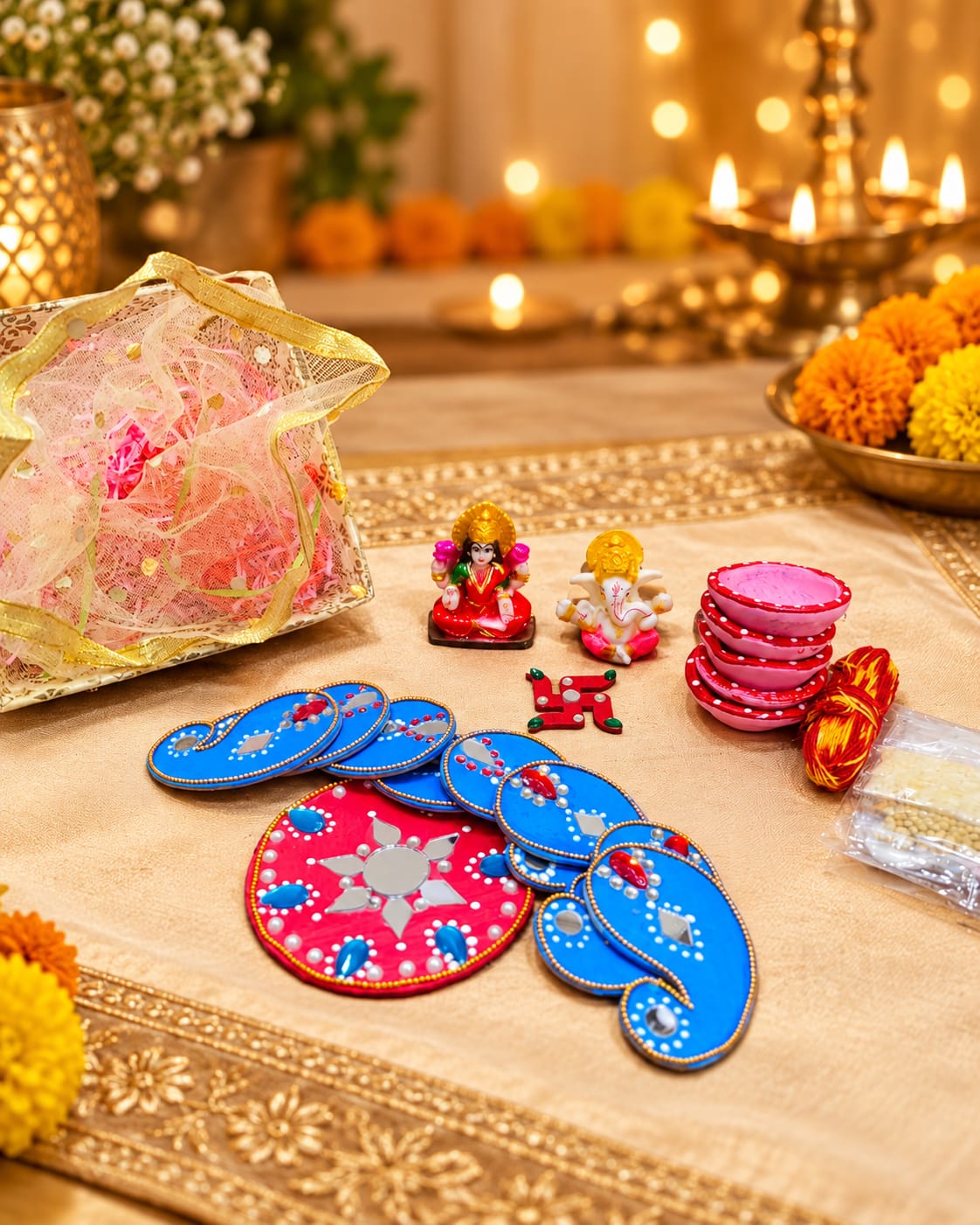 Handcrafted Lakshmi Ganesha Diwali Pooja & Rangoli Set Traditional Mirror Work Rangoli, Clay Diyas & Festive Décor Gift Box