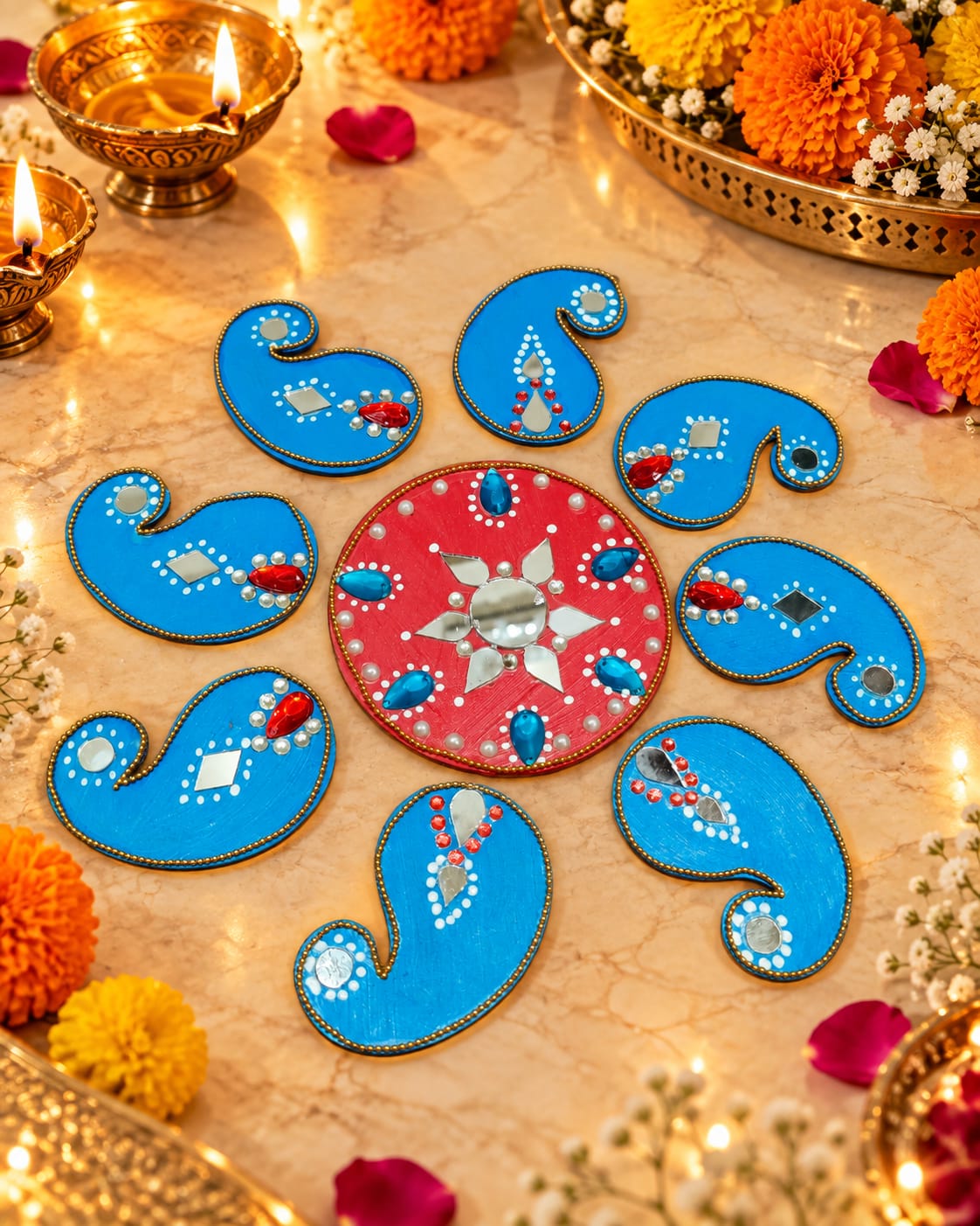 Handcrafted Lakshmi Ganesha Diwali Pooja & Rangoli Set Traditional Mirror Work Rangoli, Clay Diyas & Festive Décor Gift Box