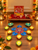 Traditional Diwali Pooja Set with Framed Divine Poster, Lakshmi Ganesha & Kundan Rangoli