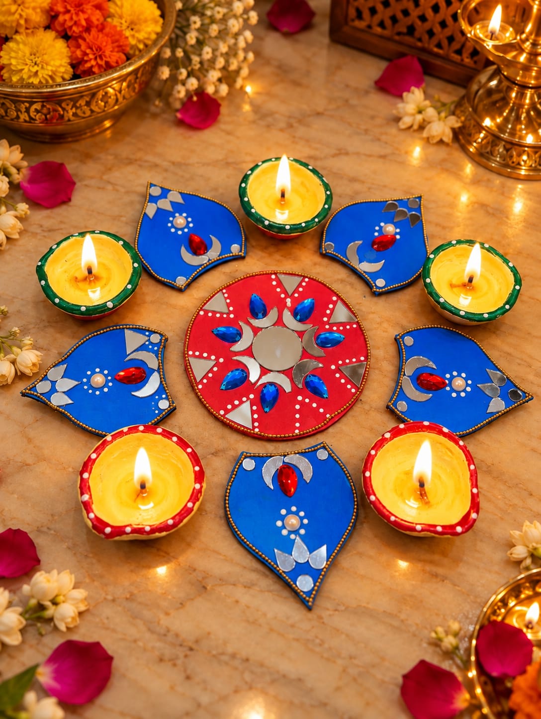 Traditional Diwali Pooja Set with Framed Divine Poster, Lakshmi Ganesha & Kundan Rangoli