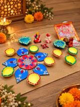 Traditional Diwali Pooja Set with Framed Divine Poster, Lakshmi Ganesha & Kundan Rangoli