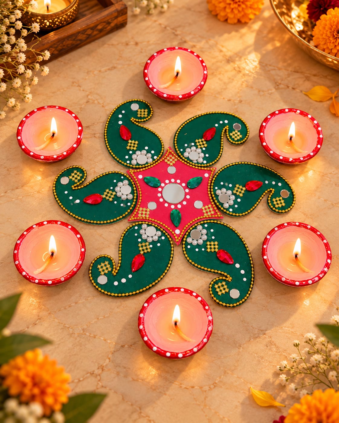 Traditional Handcrafted Diwali Rangoli Set with Kundan Work, Mirror Detailing & Terracotta Diyas