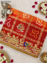 KcPc Pure Gaji Silk Bandhani Ghatchola Chunri Pila Odhna in Aara Tari Handwork Pila (Red Orange)