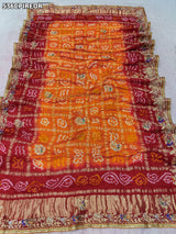 KcPc Pure Gaji Silk Bandhani Ghatchola Chunri Pila Odhna in Aara Tari Handwork Pila (Red Orange)