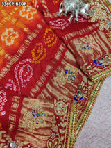 KcPc Pure Gaji Silk Bandhani Ghatchola Chunri Pila Odhna in Aara Tari Handwork Pila (Red Orange)