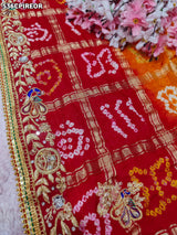 KcPc Pure Gaji Silk Bandhani Ghatchola Chunri Pila Odhna in Aara Tari Handwork Pila (Red Orange)