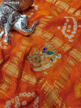 KcPc Pure Gaji Silk Bandhani Ghatchola Chunri Pila Odhna in Aara Tari Handwork Pila (Red Orange)