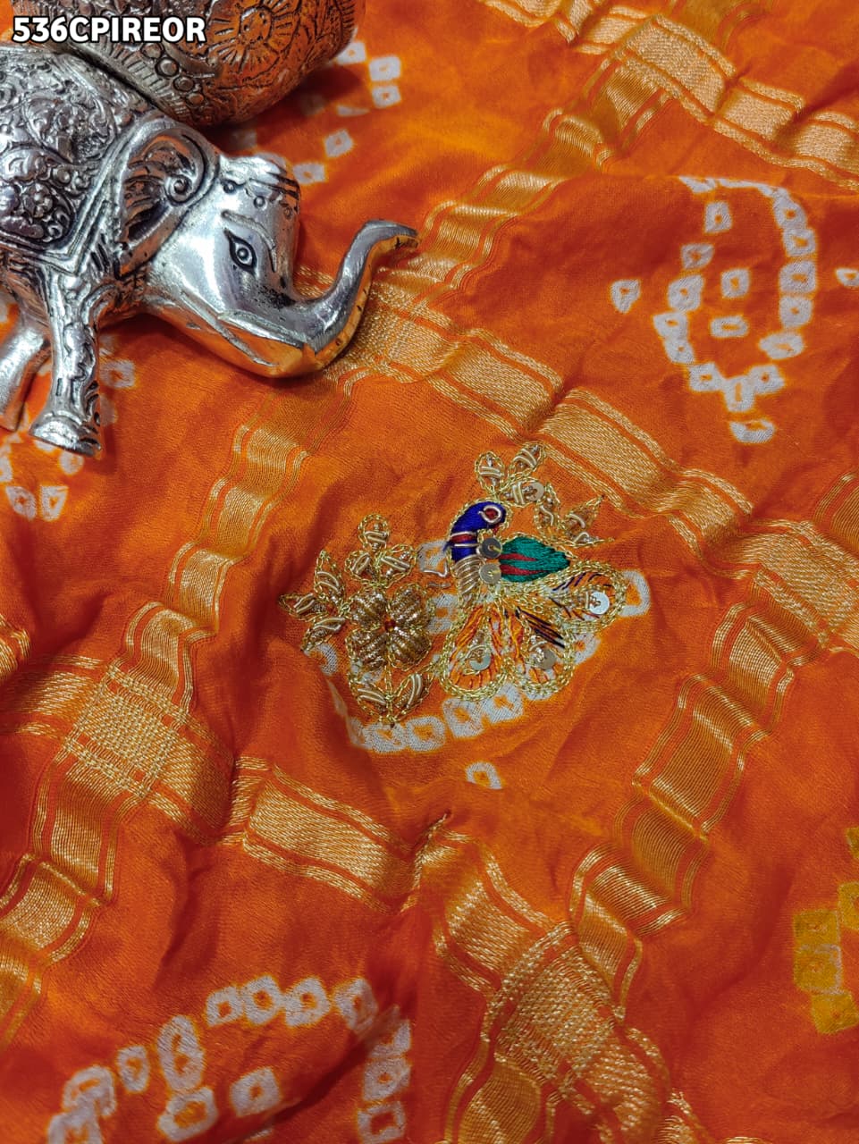 KcPc Pure Gaji Silk Bandhani Ghatchola Chunri Pila Odhna in Aara Tari Handwork Pila (Red Orange)