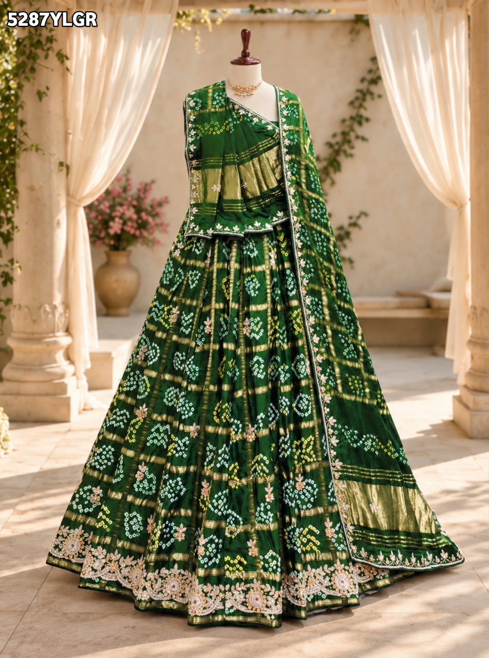 KcPC New Designer Semi Gaji Silk Bandhani Lehenga with Cutdana Gotapatti Work