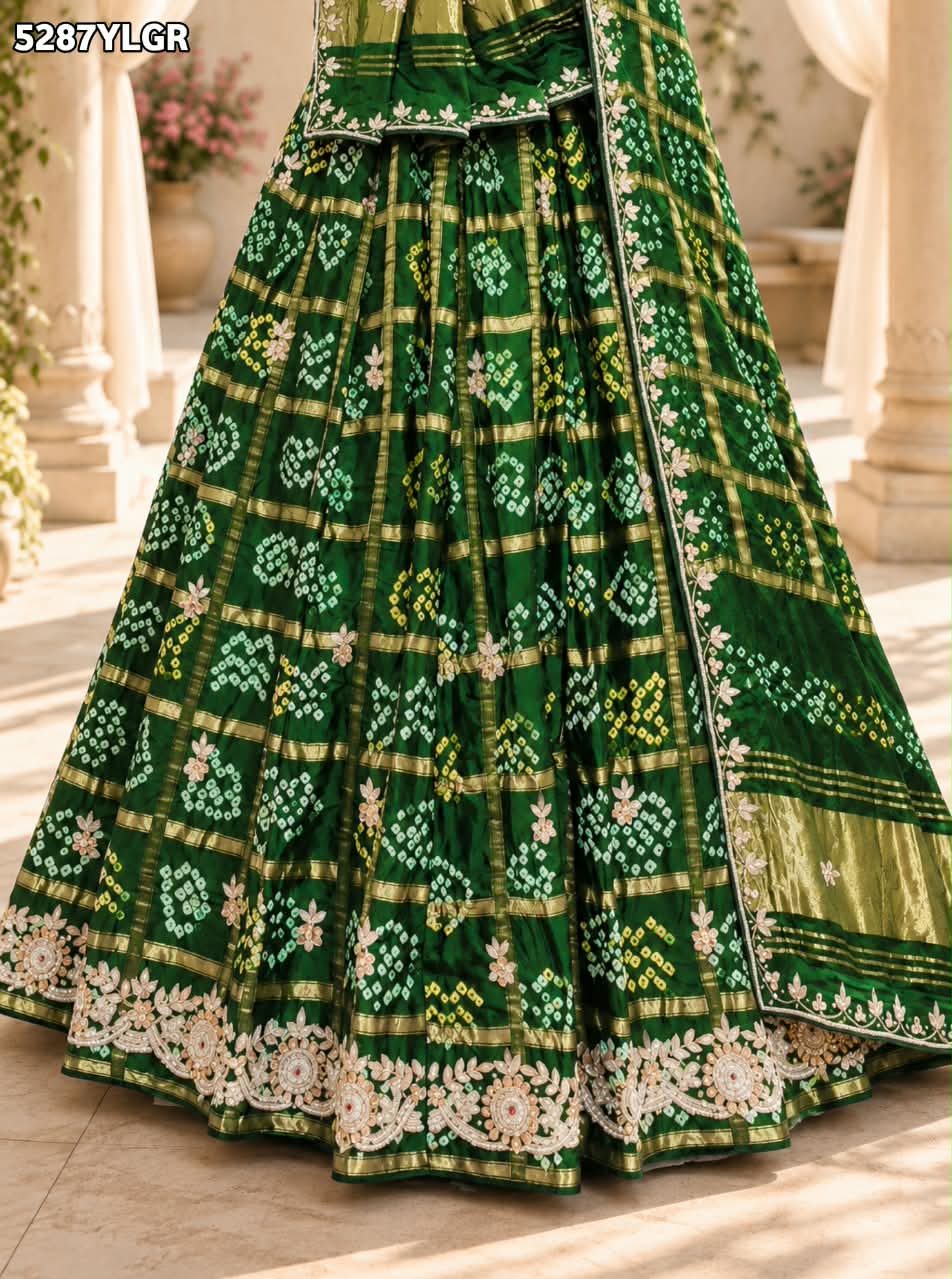 KcPC New Designer Semi Gaji Silk Bandhani Lehenga with Cutdana Gotapatti Work