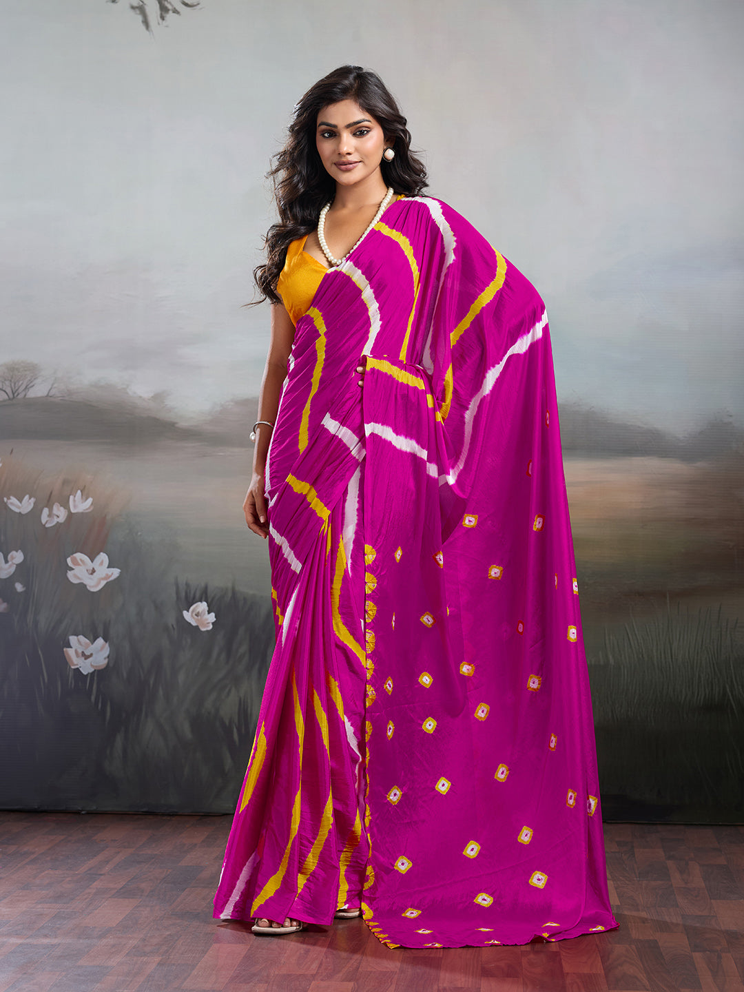 Jaipuri Traditional ChinonBandhani Saree with lehariya style under 1000